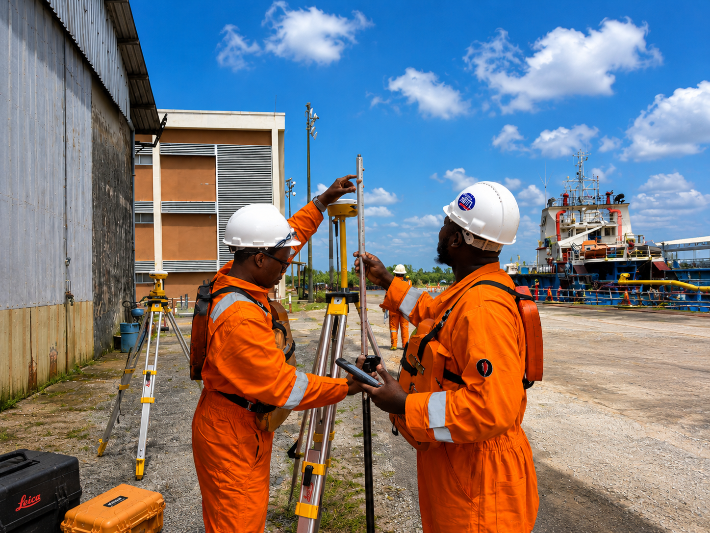 Surveyors using GNSS equipment at a dockside