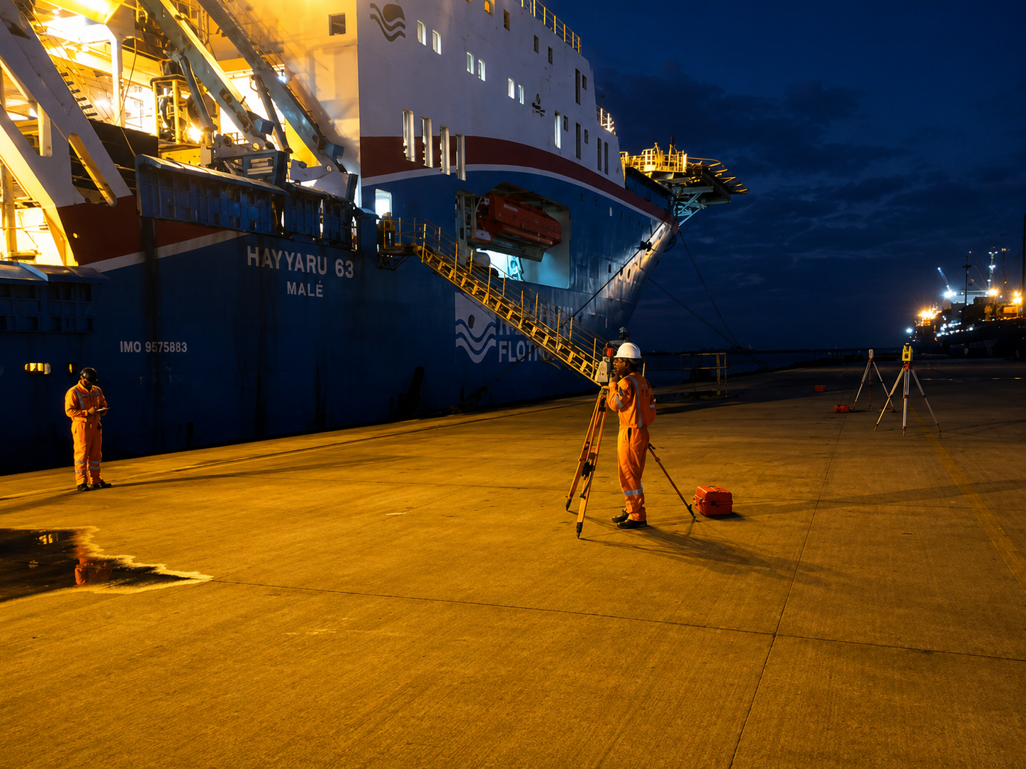 Surveyor operating a total station at the dockside at night