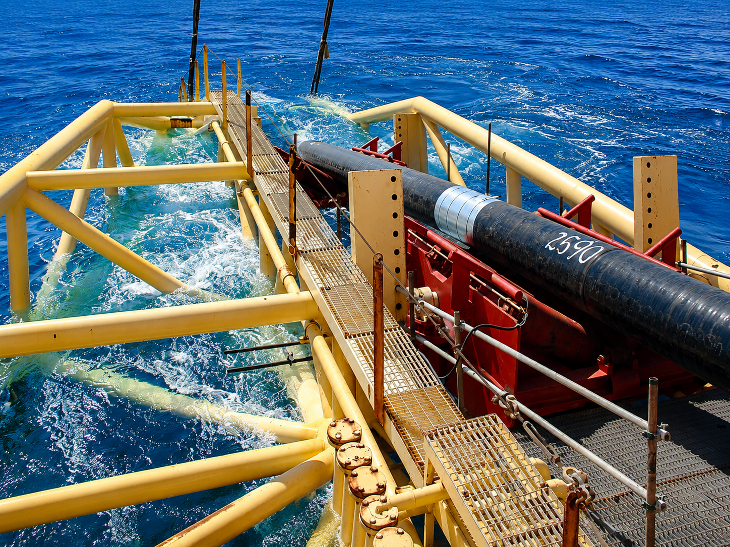 Pipelay barge stinger lowering a pipeline