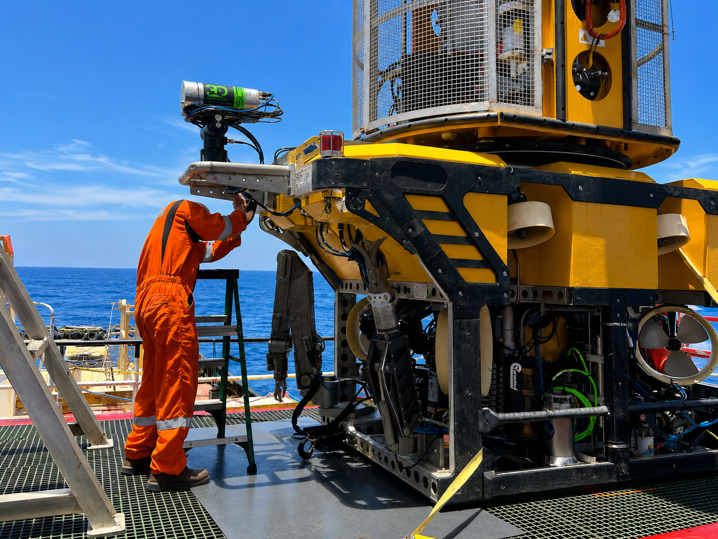 Technician fitting a camera to a yellow work-class ROV on deck
